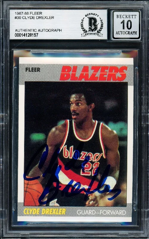 Men's basketball card intense rarity -Clyde Drexler Autographed 1987-88 Fleer Card #30 Portland Trail Blazers Auto Grade Gem Mint 10 Beckett BAS Stock #205728