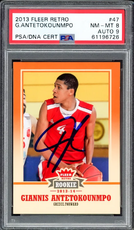 Men's basketball card player logo -Giannis Antetokounmpo Autographed 2013 Fleer Retro Rookie Card #47 Milwaukee Bucks PSA 8 Auto Grade Mint 9 PSA/DNA #61196726