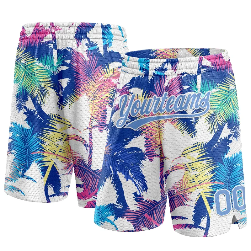 Men's basketball shorts pro-rugged -Custom White Light Blue 3D Pattern Hawaii Palm Trees Authentic Basketball Shorts