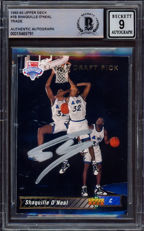 Men's basketball card stylish special -Shaquille "Shaq" O'Neal Autographed 1992 Upper Deck Rookie Card #1B Orlando Magic Auto Grade Mint 9 Beckett BAS Stock #213276