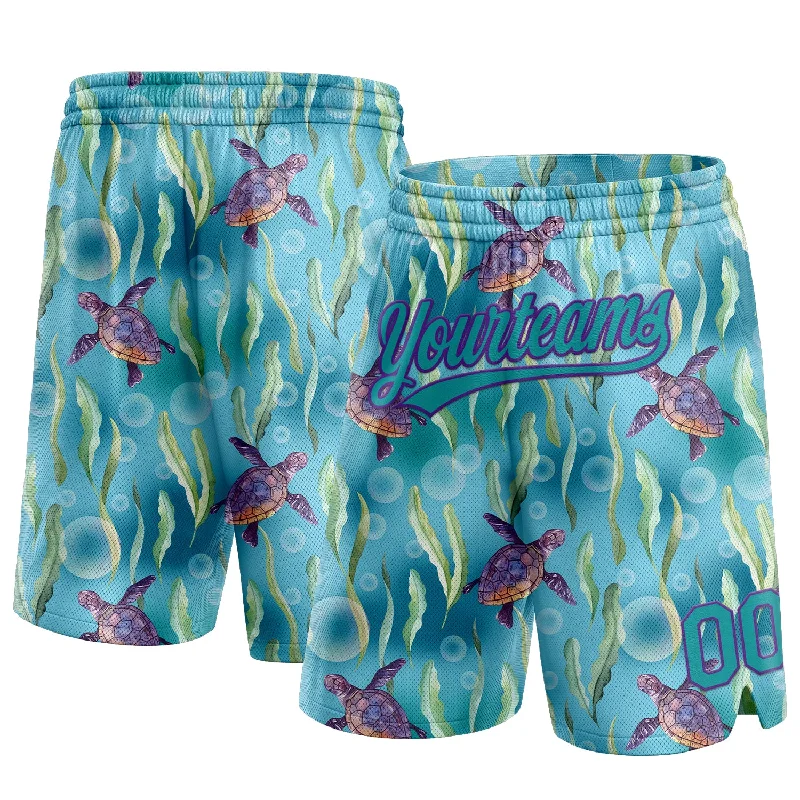 Men's basketball shorts sweat-bold -Custom Teal Purple 3D Pattern Aquatic Plants And Sea Turtles Authentic Basketball Shorts