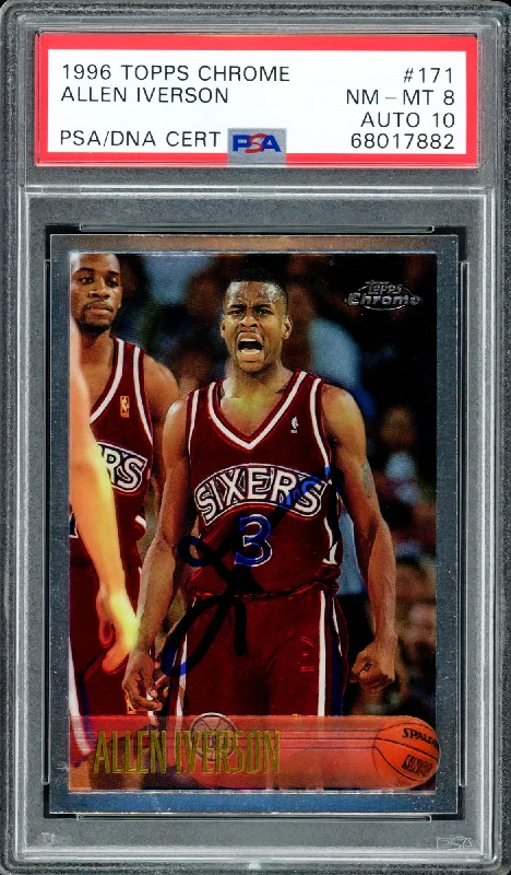 Men's basketball card top-tier rarity -Allen Iverson Autographed 1996-97 Topps Chrome Rookie Card #171 Philadelphia 76ers PSA 8 Auto Grade Gem Mint 10 PSA/DNA #68017882