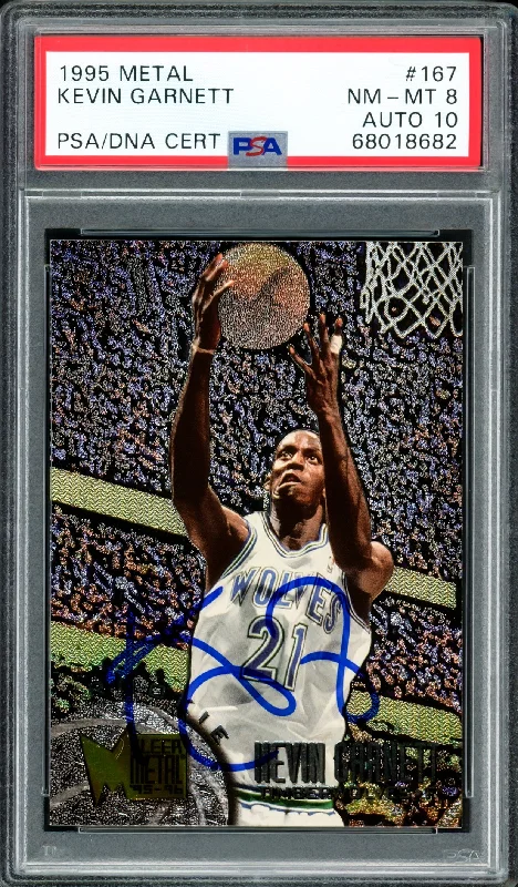 Men's basketball card legend series -Kevin Garnett Autographed 1995 Fleer Metal Rookie Card #167 Minnesota Timberwolves PSA 8 Auto Grade Gem Mint 10 PSA/DNA #68018682