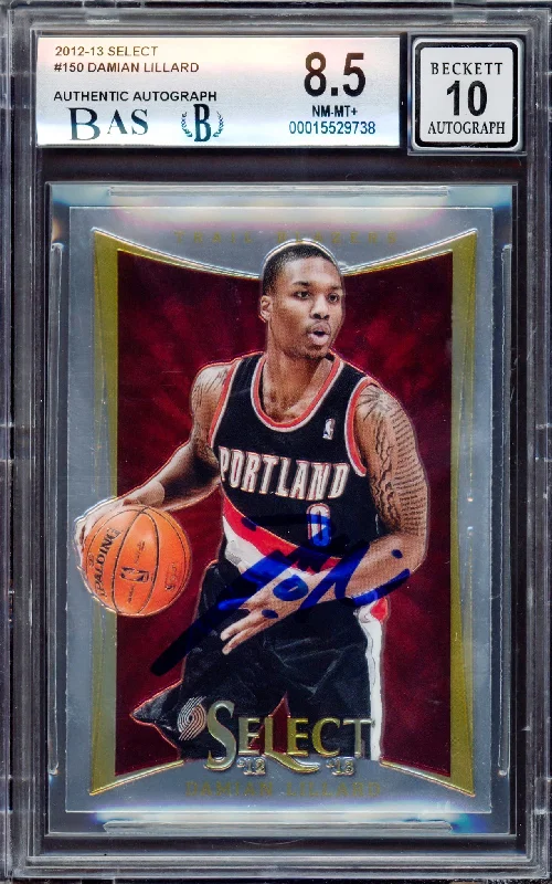 Men's basketball card rare deal -Damian Lillard Autographed 2012-13 Panini Select Rookie Card #150 Portland Trail Blazers BGS 8.5 Auto Grade Gem Mint 10 Beckett BAS Stock #214862