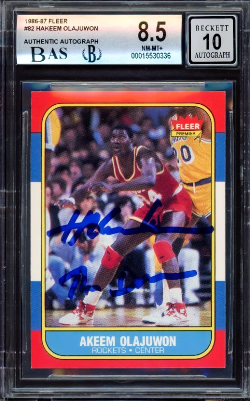 Men's basketball card performance deal -Hakeem Olajuwon Autographed 1986-87 Fleer Rookie Card #82 Houston Rockets BGS 8.5 Auto Grade Gem Mint 10 "The Dream" Beckett BAS #15530336