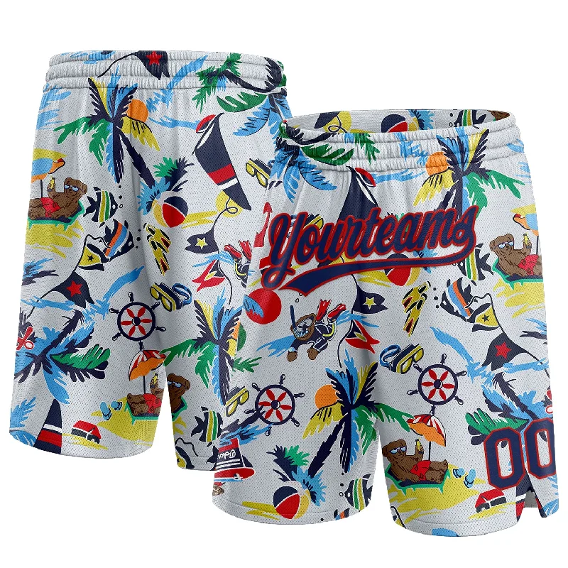 Men's basketball shorts stretch-rugged -Custom White Navy-Red 3D Pattern Beach Hawaii Palm Trees Authentic Basketball Shorts