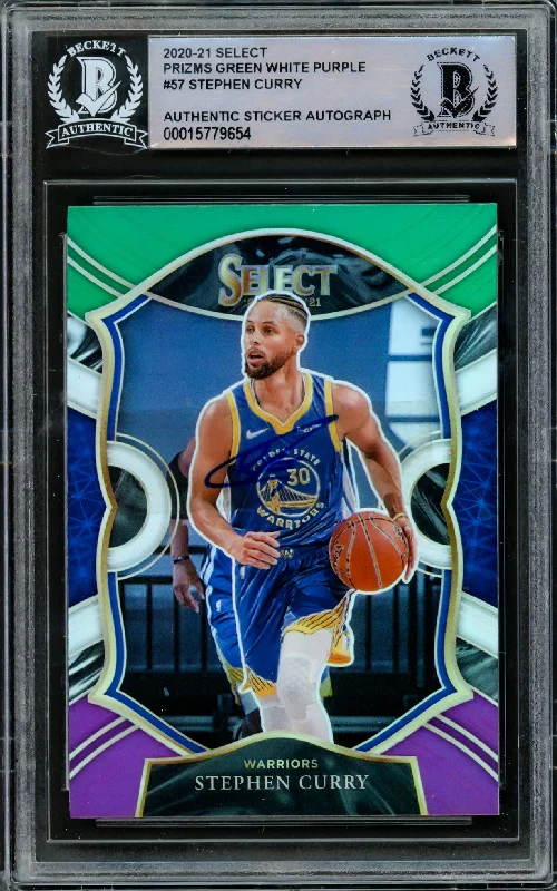 Men's basketball card rare find -Stephen Curry Autographed 2020-21 Panini Select Green White & Purple Prizm Card #57 Golden State Warriors Beckett BAS #15779654