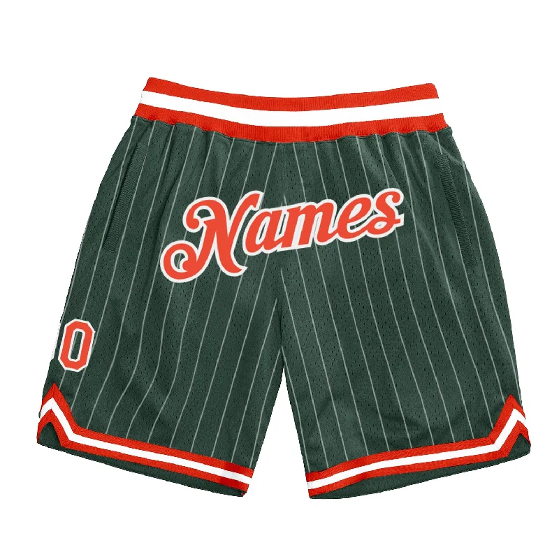 Men's basketball shorts league-ready -Custom Hunter Green White Pinstripe Orange-White Authentic Basketball Shorts