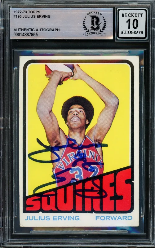 Men's basketball card athlete cards -Julius Dr. J Erving Autographed 1972-73 Topps Rookie Card #195 Virginia Squires Auto Grade Gem Mint 10 Beckett BAS #14867955