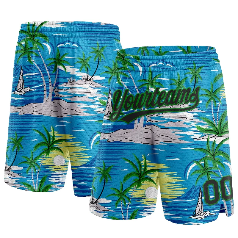 Men's basketball shorts sweat-urban -Custom Sky Blue Black-Grass Green 3D Pattern Hawaii Palm Trees And Island Authentic Basketball Shorts