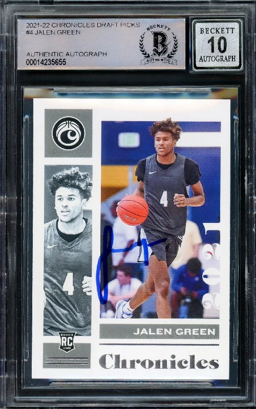 Men's basketball card custom colors -Jalen Green Autographed 2021-22 Chronicles Rookie Card #4 Houston Rockets Auto Grade Gem Mint 10 Beckett BAS Stock #205947