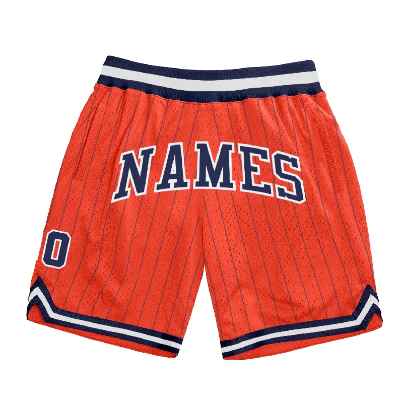 Men's basketball shorts team-style -Custom Orange Navy Pinstripe Navy-White Authentic Basketball Shorts