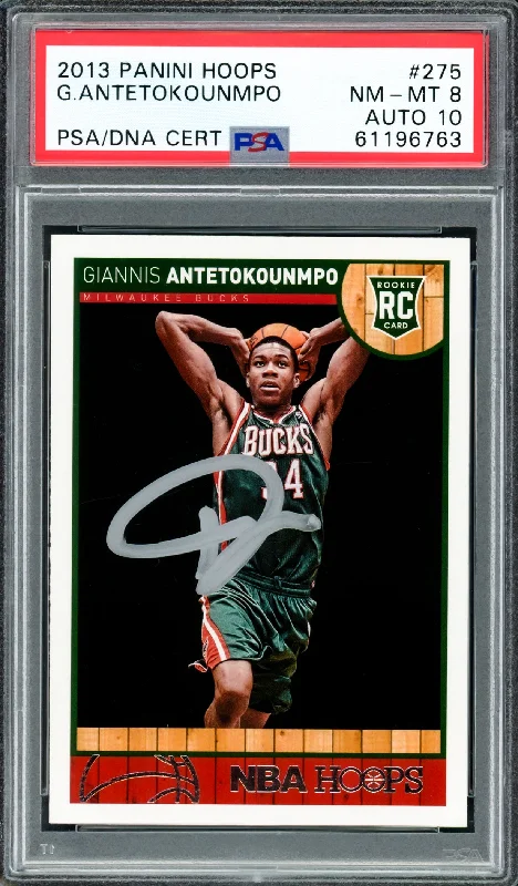 Men's basketball card trendy collectibles -Giannis Antetokounmpo Autographed 2013 Panini Hoops Rookie Card #275 Milwaukee Bucks PSA 8 Auto Grade Gem Mint 10 PSA/DNA #61196763