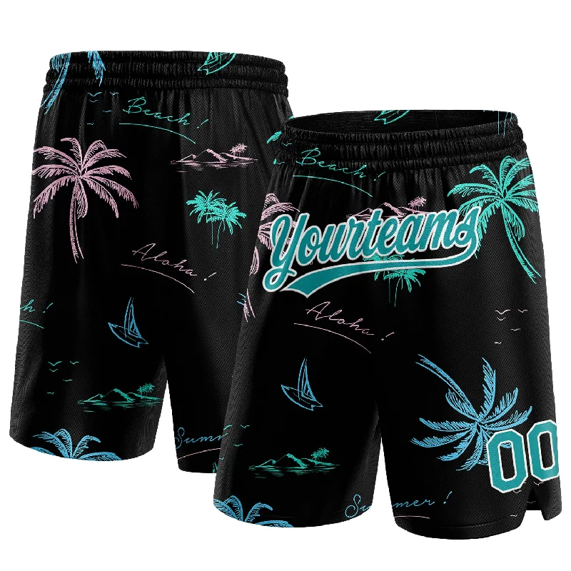 Men's basketball shorts rugged-urban -Custom Black Teal-White 3D Pattern Hawaii Palm Trees Authentic Basketball Shorts