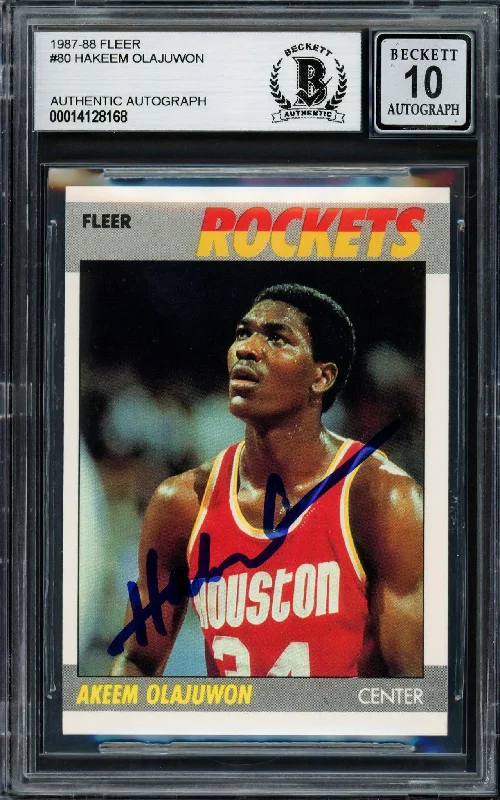 Men's basketball card budget cards -Hakeem Olajuwon Autographed 1987-88 Fleer Card #80 Houston Rockets Auto Grade Gem Mint 10 Beckett BAS #14128168