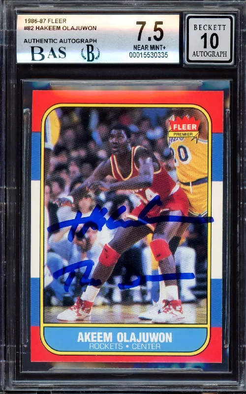 Men's basketball card light package -Hakeem Olajuwon Autographed 1986-87 Fleer Rookie Card #82 Houston Rockets BGS 7.5 Auto Grade Gem Mint 10 "The Dream" Beckett BAS #15530335