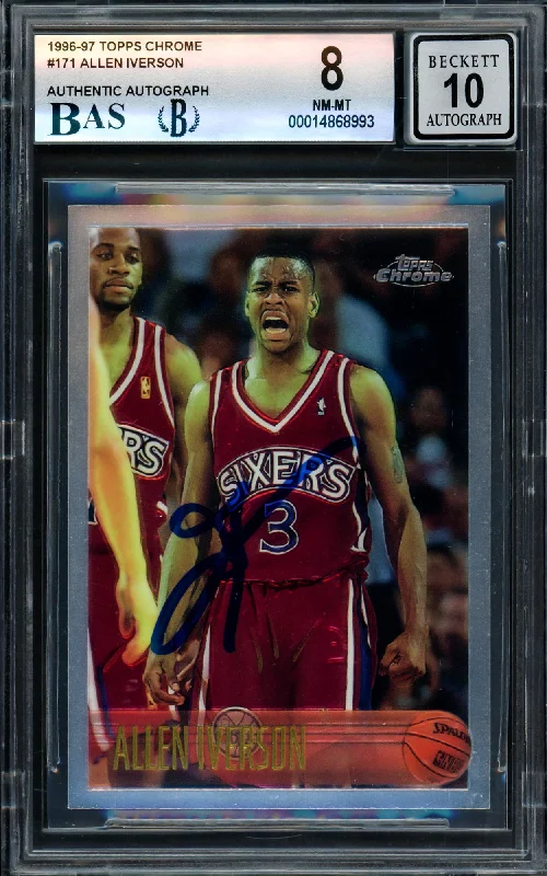 Men's basketball card professional grade -Allen Iverson Autographed 1996-97 Topps Chrome Rookie Card #171 Philadelphia 76ers BGS 8 Auto Grade Gem Mint 10 Beckett BAS #14868993