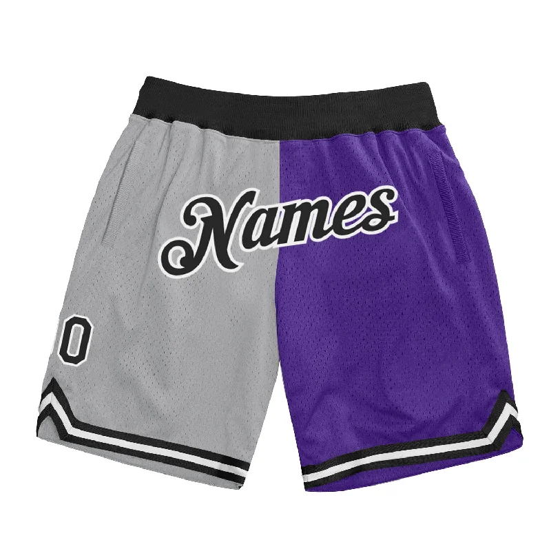 Men's basketball shorts sweat-team -Custom Gray Black-Purple Authentic Throwback Split Fashion Basketball Shorts