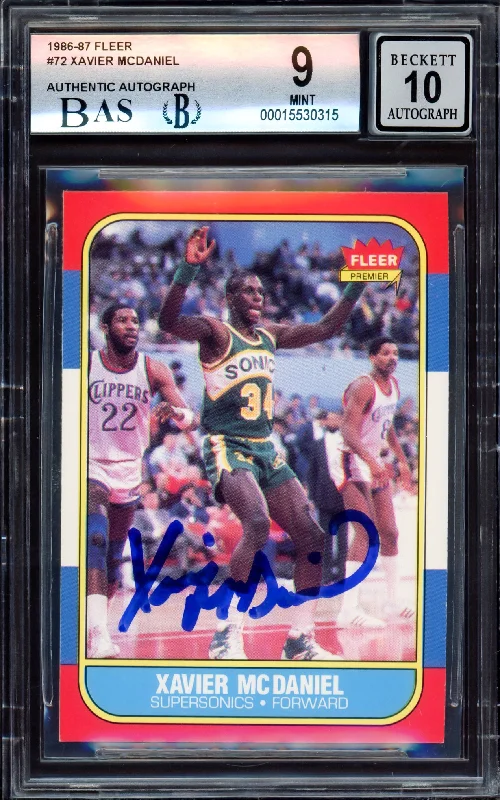 Men's basketball card lightweight treasury -Xavier McDaniel Autographed 1986-87 Fleer Rookie Card #72 Seattle SuperSonics BGS 9 Auto Grade Gem Mint 10 Beckett BAS #15530315