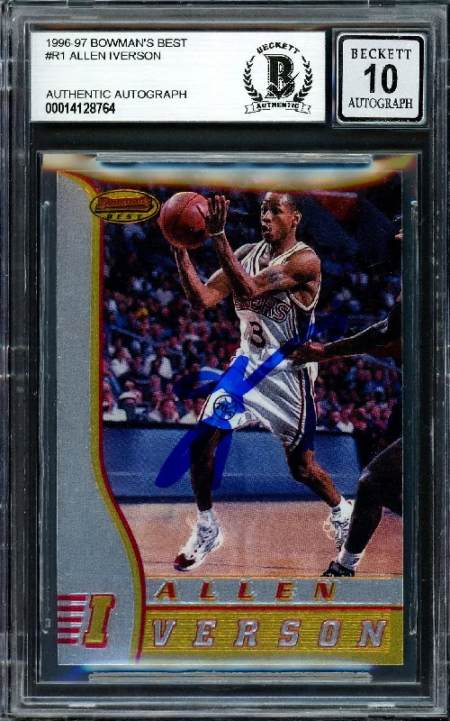 Men's basketball card name engraving -Allen Iverson Autographed 1996-97 Bowman's Best Rookie Card #R1 Philadelphia 76ers Auto Grade Gem Mint 10 Beckett BAS Stock #205787