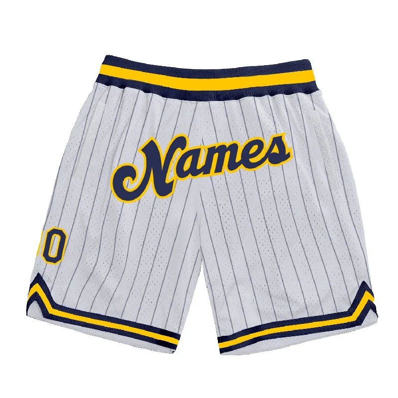 Men's basketball shorts pastel-style -Custom White Navy Pinstripe Navy-Gold Authentic Basketball Shorts