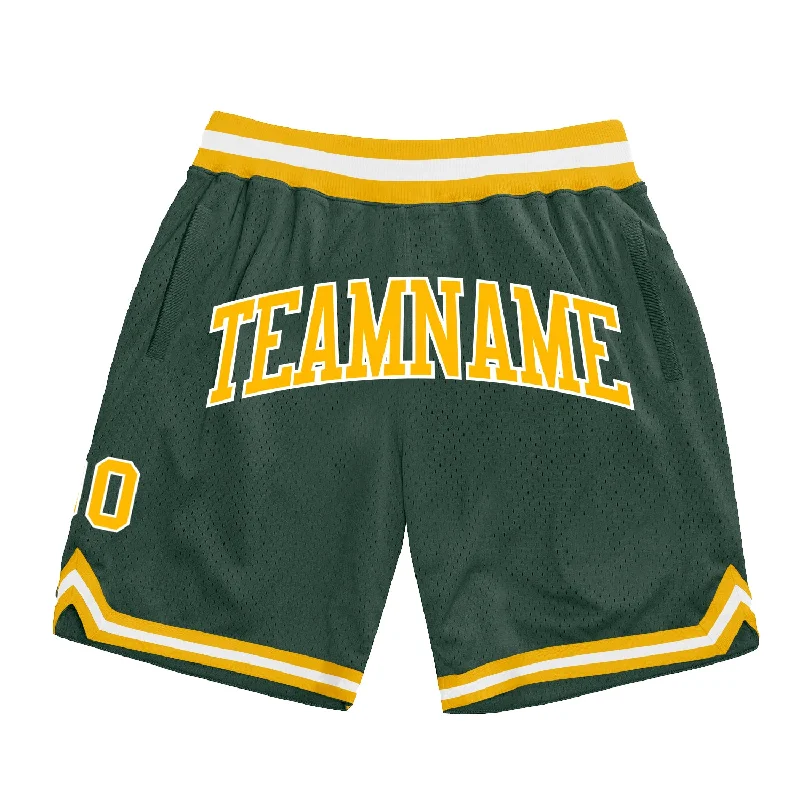 Men's basketball shorts breathable-bold -Custom Hunter Green Gold-White Authentic Throwback Basketball Shorts