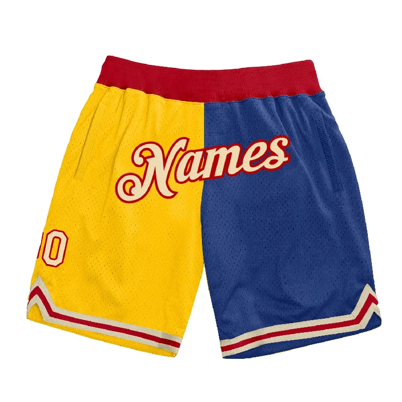 Men's basketball shorts sleek-rugged -Custom Gold Cream-Royal Authentic Throwback Split Fashion Basketball Shorts