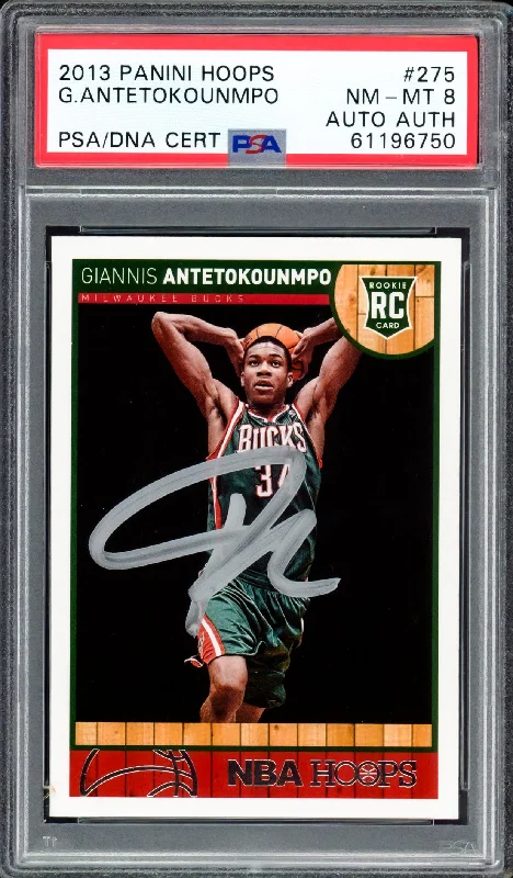 Men's basketball card color variants -Giannis Antetokounmpo Autographed 2013 Panini Hoops Rookie Card #275 Milwaukee Bucks PSA 8 PSA/DNA #61196750