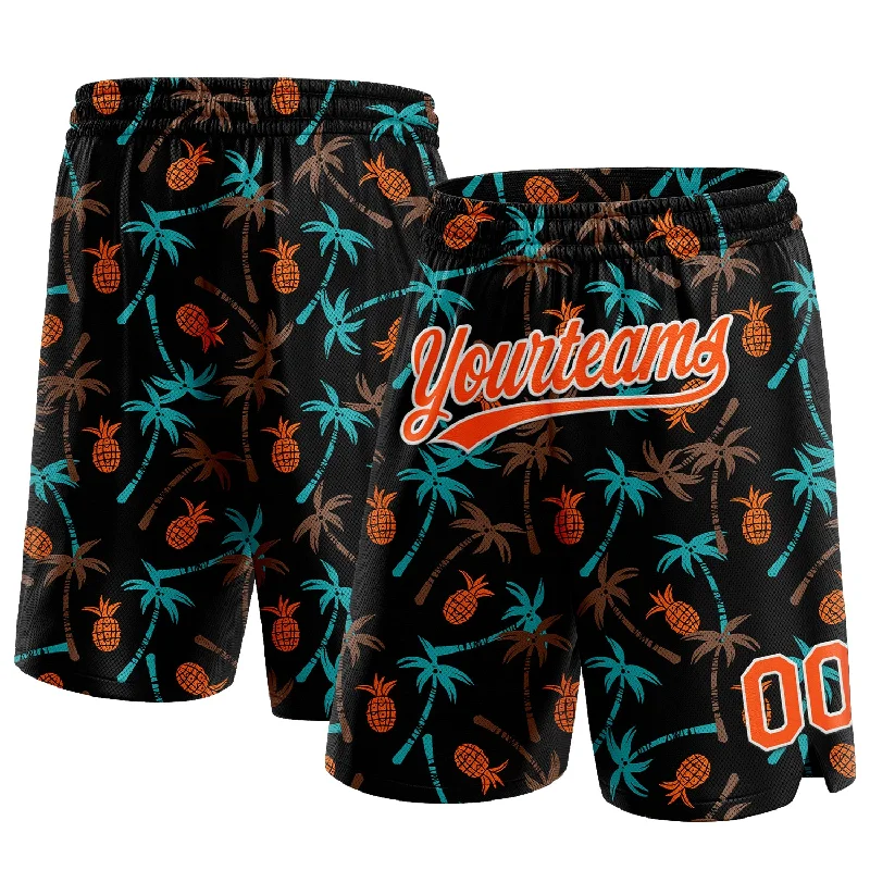 Men's basketball shorts pro-performance -Custom Black Orange-White 3D Pattern Hawaii Palm Trees And Pineapple Authentic Basketball Shorts