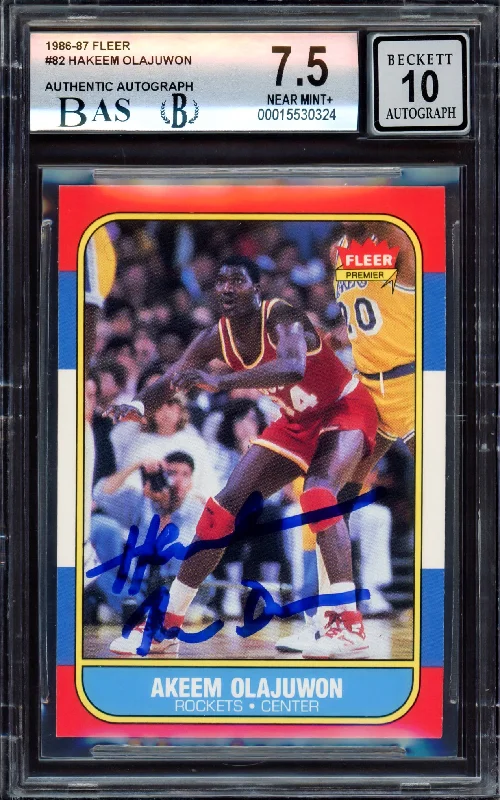 Men's basketball card custom package -Hakeem Olajuwon Autographed 1986-87 Fleer Rookie Card #82 Houston Rockets BGS 7.5 Auto Grade Gem Mint 10 "The Dream" Beckett BAS #15530324