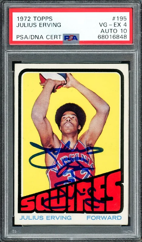 Men's basketball card player cards -Julius Dr. J Erving Autographed 1972 Topps Rookie Card #195 PSA 4 Auto Grade Gem Mint 10 PSA/DNA #68016848