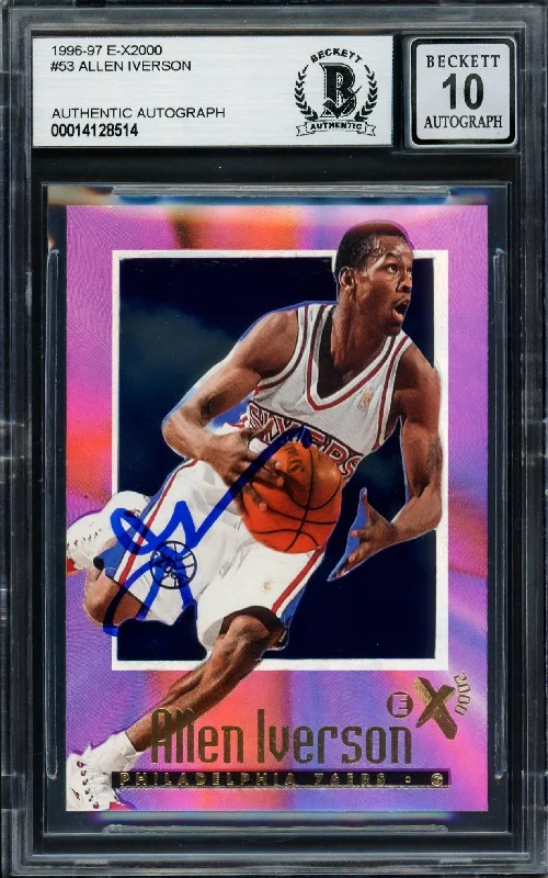 Men's basketball card personalized card -Allen Iverson Autographed 1996-97 Skybox E-X 2000 Rookie Card #53 Philadelphia 76ers Auto Grade Gem Mint 10 Beckett BAS #14128514