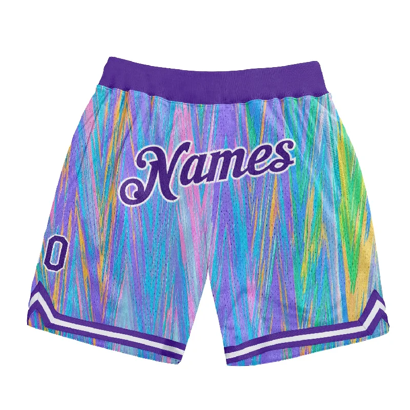 Men's basketball shorts hybrid-rugged -Custom Light Blue Purple-White 3D Pattern Design Zigzag Color Authentic Basketball Shorts