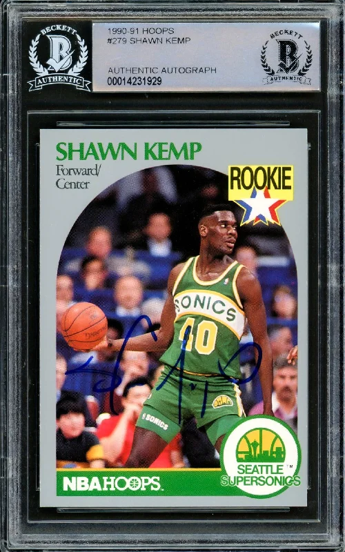 Men's basketball card legend series -Shawn Kemp Autographed 1990 Hoops Rookie Card #279 Seattle Supersonics Beckett BAS Stock #206662