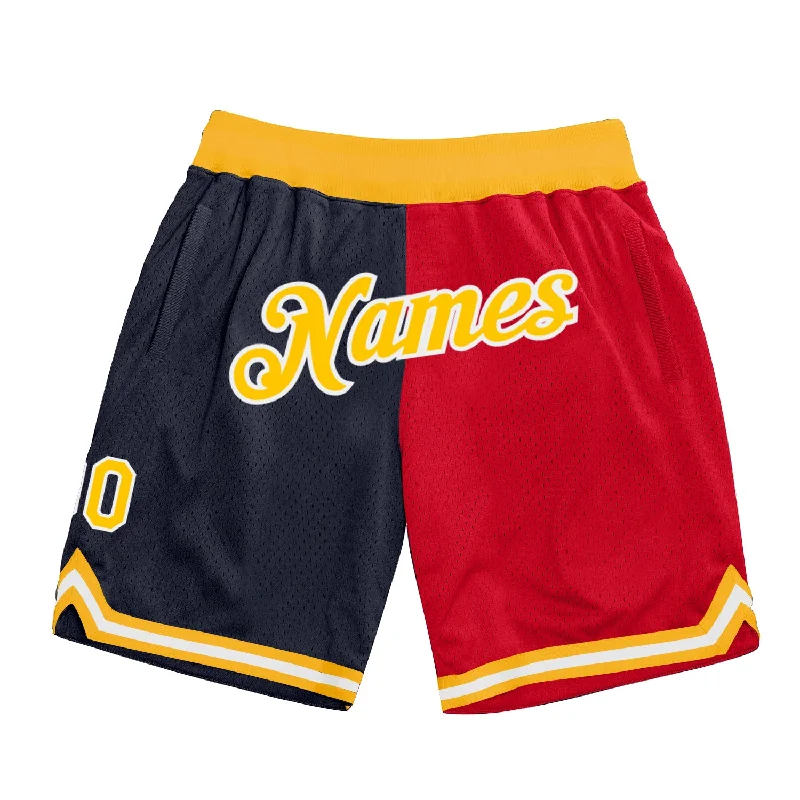 Men's basketball shorts durable-rugged -Custom Navy Gold-Red Authentic Throwback Split Fashion Basketball Shorts