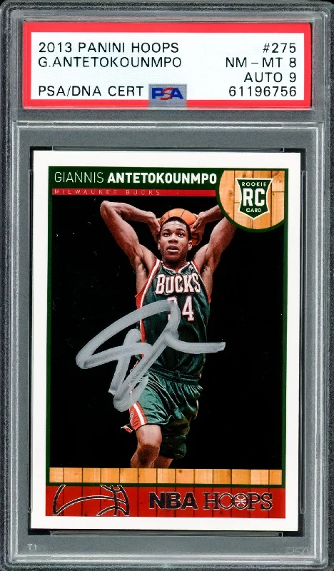 Men's basketball card rare sale -Giannis Antetokounmpo Autographed 2013 Panini Hoops Rookie Card #275 Milwaukee Bucks PSA 8 Auto Grade Mint 9 PSA/DNA #61196756