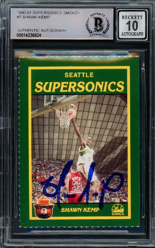 Men's basketball card vibrant colors -Shawn Kemp Autographed 1990 Smokey The Bear Rookie Card #7 Seattle Super Sonics Auto Grade Gem Mint 10 Beckett BAS #14236624