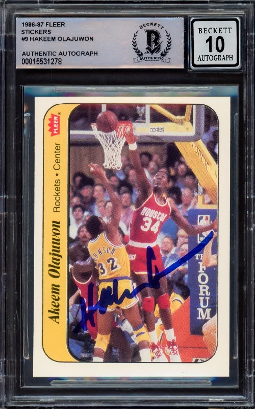 Men's basketball card squad bundle -Hakeem Olajuwon Autographed 1986-87 Fleer Stickers Rookie Card #9 Houston Rockets Auto Grade Gem Mint 10 Beckett BAS #15531278