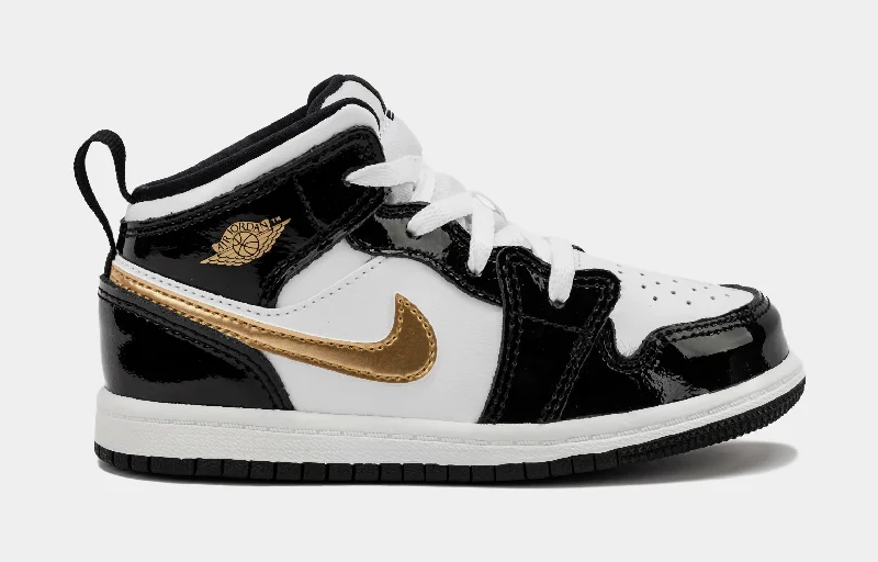 Basketball shoes cushion-retro -Air Jordan 1 Retro Mid SE Patent Black Gold Infant Toddler Lifestyle Shoes (Black/Gold)