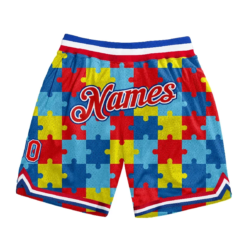 Men's basketball shorts cooling-pro -Custom Black Red-Royal 3D Pattern Design Autism Awareness Puzzle Pieces Authentic Basketball Shorts