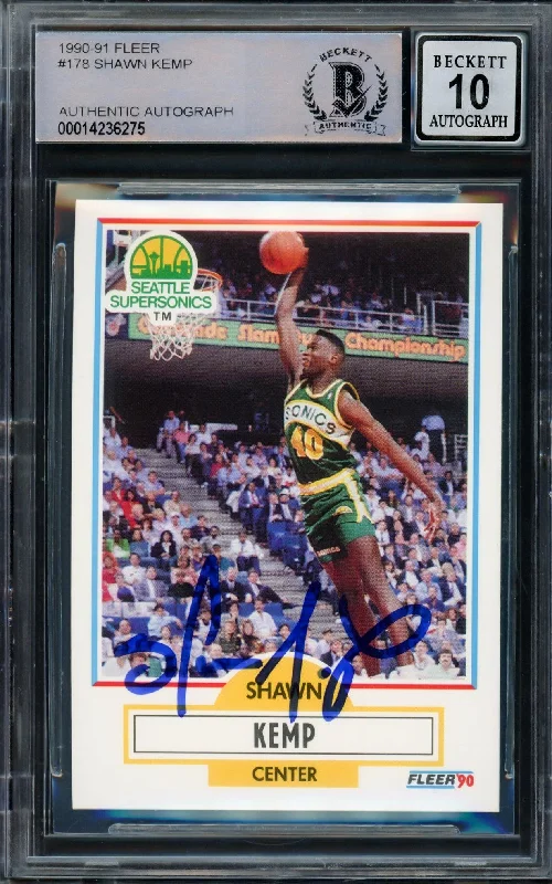 Men's basketball card team pack -Shawn Kemp Autographed 1990 Fleer Rookie Card #178 Seattle Super Sonics Auto Grade Gem Mint 10 Beckett BAS Stock #206097