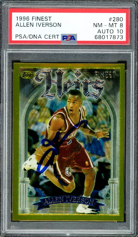 Men's basketball card online marketplace -Allen Iverson Autographed 1996-97 Topps Finest Gold Rookie Card #280 Philadelphia 76ers PSA 8 Auto Grade Gem Mint 10 PSA/DNA #68017873