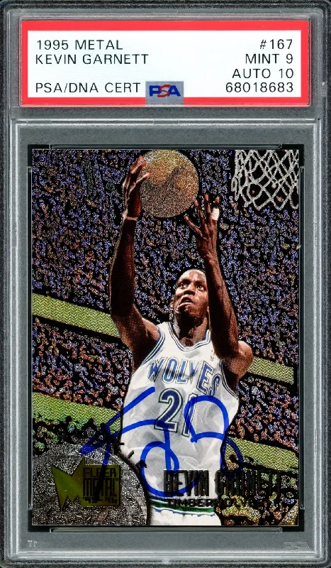 Men's basketball card official license -Kevin Garnett Autographed 1995 Fleer Metal Rookie Card #167 Minnesota Timberwolves PSA 9 Auto Grade Gem Mint 10 PSA/DNA Stock #211166