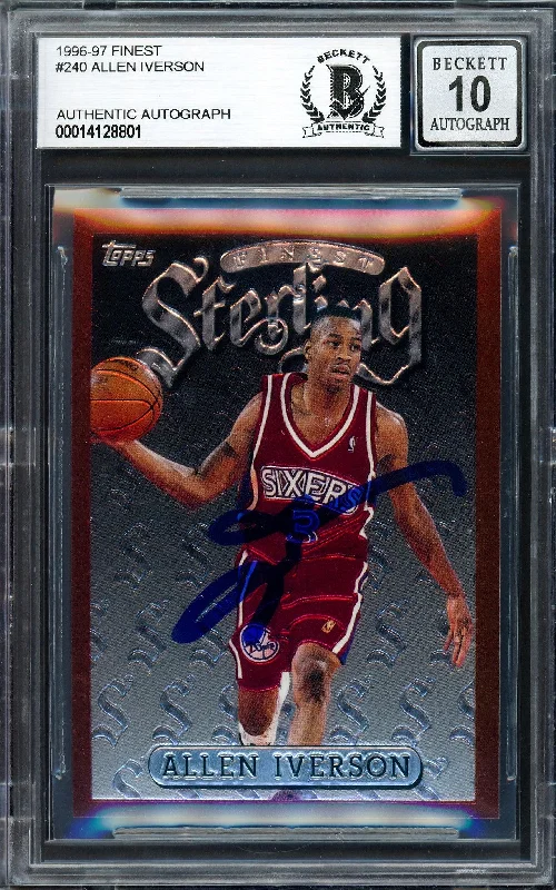 Men's basketball card trendy collectibles -Allen Iverson Autographed 1996-97 Topps Finest Sterling Rookie Card #240 Philadelphia 76ers Auto Grade Gem Mint 10 Beckett BAS Stock #205791