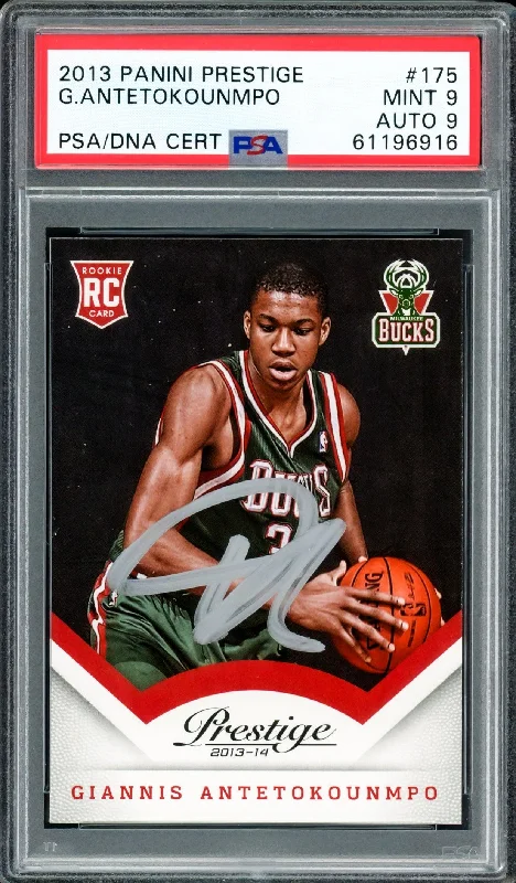 Men's basketball card custom deal -Giannis Antetokounmpo Autographed 2013 Panini Prestige Rookie Card #175 Milwaukee Bucks PSA 9 Auto Grade Mint 9 PSA/DNA #61196916