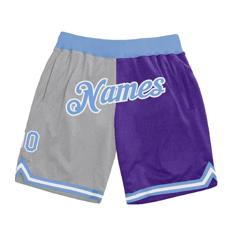 Men's basketball shorts sleek-fit -Custom Gray Light Blue-Purple Authentic Throwback Split Fashion Basketball Shorts