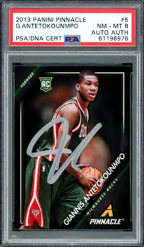 Men's basketball card custom offer -Giannis Antetokounmpo Autographed 2013 Panini Pinnacle Rookie Card #5 Milwaukee Bucks PSA 8 PSA/DNA #61196976