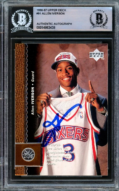 Men's basketball card budget lineup -Allen Iverson Autographed 1996-97 Upper Deck Rookie Card #91 Philadelphia 76ers Beckett BAS Stock #209783