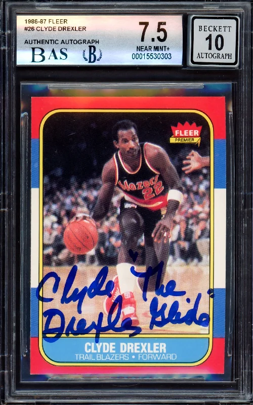 Men's basketball card team package -Clyde Drexler Autographed 1986-87 Fleer Rookie Card #26 Portland Trail Blazers BGS 7.5 Auto Grade Gem Mint 10 "The Glide" Beckett BAS #15530303