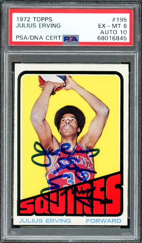 Men's basketball card sharp set -Julius Dr. J Erving Autographed 1972 Topps Rookie Card #195 PSA 6 Auto Grade Gem Mint 10 PSA/DNA #68016845